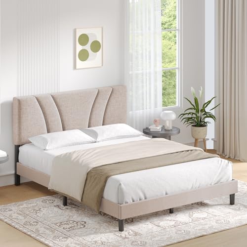 Novilla King Size Bed Frame with Adjustable Headboard Platform King Bed Frame Linen Fabric Upholstered Headboard, No Box Spring Needed, Noise-Free, Wooden Slats Support, Easy Assembly, Beige