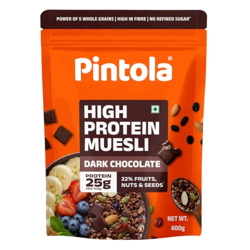 Pintola High Protein Muesli Dark Chocolate & Cranberry 400g, 24g Protein, High Fibre, Trans Fat Free with Brown Sugar, Real Fruits, Muesli for Breakfa