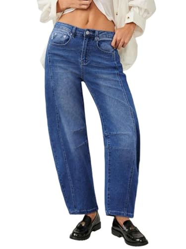 Genleck Barrel Jeans Women Wide Leg Cropped Jeans High Waisted Baggy Boyfriend Mom Denim Ankle Pants with Pockets（Dark Blue,6）