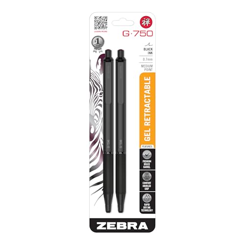 Zebra Pen G-750 Gel Pen 2-Pack, Black Ink, 0.7mm Medium Point, Black Brass Barrel, Knurled Grip, Secure Metal Clip, Refillable (49812)