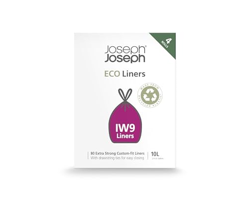 Joseph Joseph 30154 JEco IW9 Recycelte Müllbeutel, Küchen-/Badezimmer-Abfallsäcke, Zugband-Verschluss, Extra Stark, 80er-Pack, 10 liters, Grau