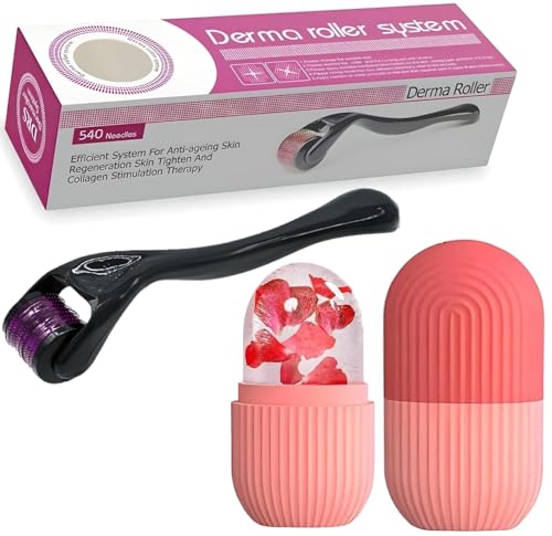 E-COSMOS Derrma Roller & Ice Roller Combo 0.5mm 540 Titanium Alloy Needles, Promotes Beard Growth, Hair Regrowth & Reduces Acne Scars, Ice Face Roller