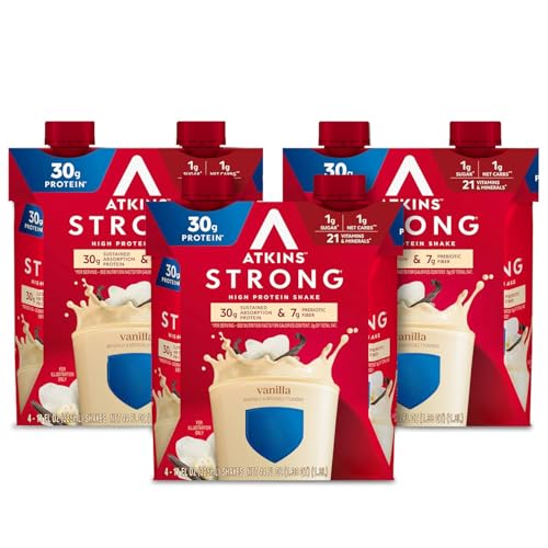 Atkins Strong High Protein Shake, Vanilla Flavored, 30g Protein, Low Carb and Low Sugar Shake, Keto Friendly, Gluten Free, Muscle and Gut Health Support Complex, 12 Count