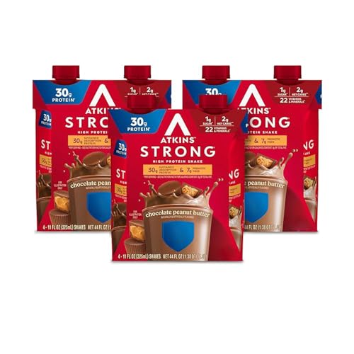 Atkins Strong High Protein Shake, Chocolate Peanut Butter Flavor, 30g Protein, Low Carb and Low Sugar Shake, Keto Friendly, Gluten Free, Muscle and Gut Health Support Complex, 12 Count