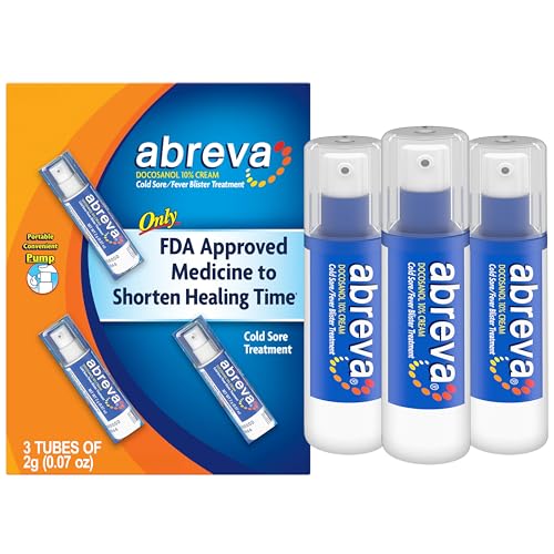 Abreva Docosanol 10% Cream Cold Sore Treatment, Fever Blister and Cold Sore Cream - 0.07 Oz Pump Bottle x 3