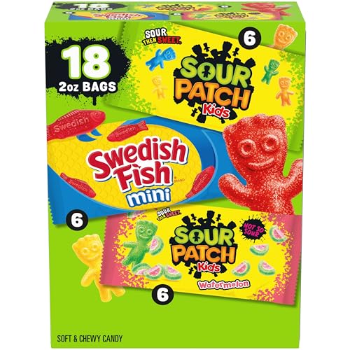 SOUR PATCH KIDS and SWEDISH FISH Mini Soft & Chewy Candy Variety Pack, Bulk Candy, 18-2 oz Bags : Grocery & Gourmet Food