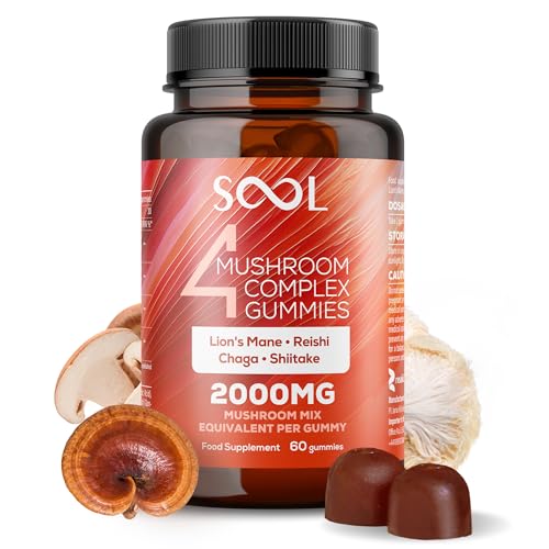 SOOL 4 Mushroom Complex Gummies 2000mg, 60pcs, Natural Flavour: Chaga, Reishi, Shiitake, Lions Mane Supplement | Nootropics Gummies High Strength | Memory & Focus, Energy, Immunity Booster Supplement