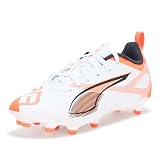 Puma, Unisex-Child, Ultra 5 Play Firm, Artificial Ground Soccer Cleats, Puma White-Puma Black-Glowing Red, Big Kid 12