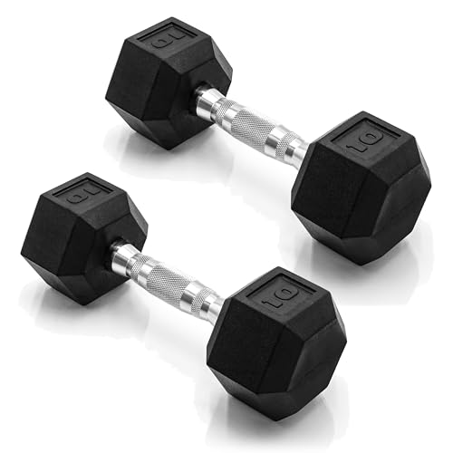 CAP Barbell 10 LB Rubber Coated Hex Dumbbell Hand Weight - Pair | Chrome Handle
