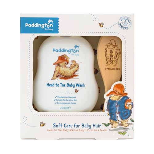 Paddington Bear Baby Haircare Gift Set – Head to Toe Baby Wash (250ml) & Soft Wooden Baby Hair Brush – 99% Natural Ingredients, Sensitive Skin Friendly, Baby Shower Gift