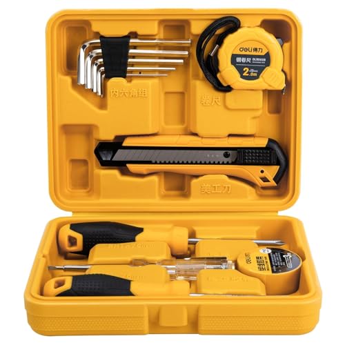 Deli DL1011J 11 Piece Household Tool Kit Portable & Compact with Test Pen Electrical Tape Measure Tape Screwdrivers Utility Knive 5-Hex Keys and Stora