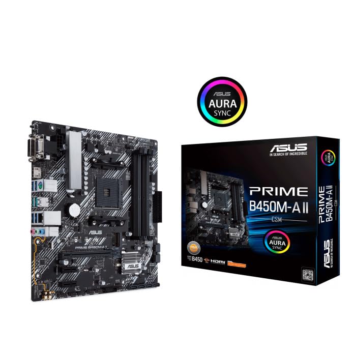 ASUS Prime B450M-A II/CSM AMD B450 (Ryzen AM4) Micro ATX DDR4 Motherboard with M.2 Support, HDMI/DVI-D/D-Sub, SATA 6 Gbps, 1 GB Ethernet, USB 3.2 Gen 