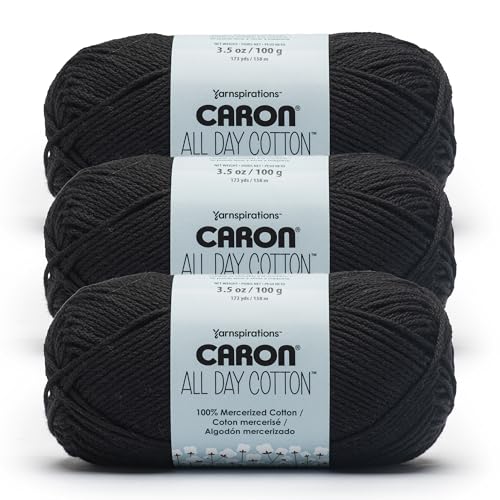 Caron All Day Cotton - 3 Pack of 173 Yards/3.52 oz Black 100% Mercerized Cotton Yarn