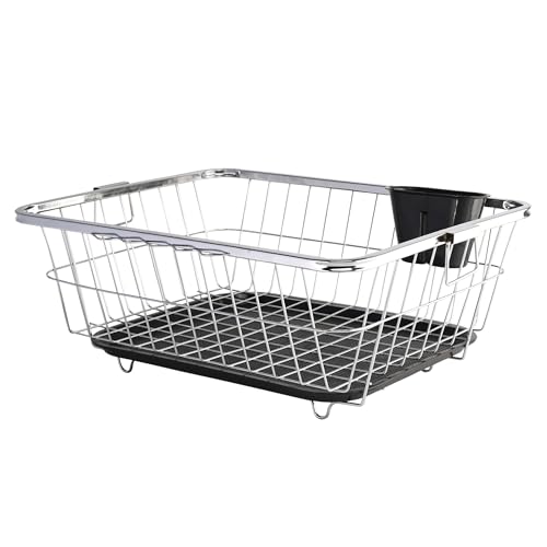 Stainless Steel Dish Rack for Kitchen | Vessels Organizer Stands with Handle | Spoon Holder & Draining Tray Included | 17x22 Inch