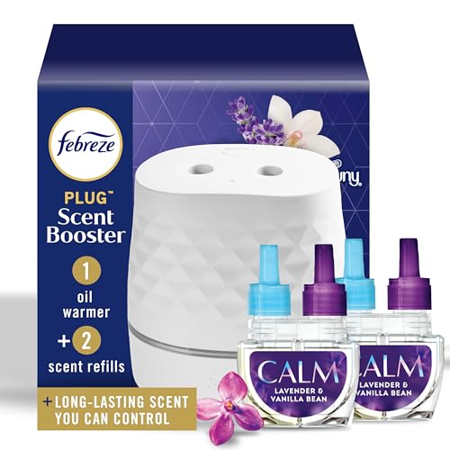 Febreze Plug Scent Booster Starter Kit, Oil Diffuser, Air Freshener Plug in, Continuous Scent Device + 2 Downy Calm Refills