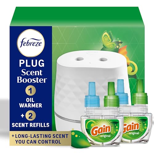 Febreze Plug Scent Booster Starter Kit, Oil Diffuser, Air Freshener Plug in, Continuous Scent Device + 2 Gain Original Refills