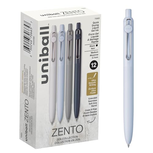Uniball Zento Gel Ink Rollerball Pens, 12 Black Medium Point Smooth Writing Pens, Colored Japanese Pens, Zen Colors