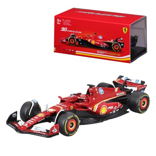 Bburago - F1 Ferrari SF-24#16 Leclerc with Helmet and Display Case, 1:43 Scale Diecast Model, Imola 2024 Livery, Replica of the Single-Seater, Officially Licensed by Ferrari, Recommended Age 14+