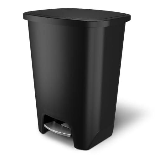 Glad Premium 20 Gallon Trash Can - Plastic Kitchen Waste Bin with Odor Protection of Lid, Stainless Steel Step On Foot Pedal and Garbage Bag Rings, Black