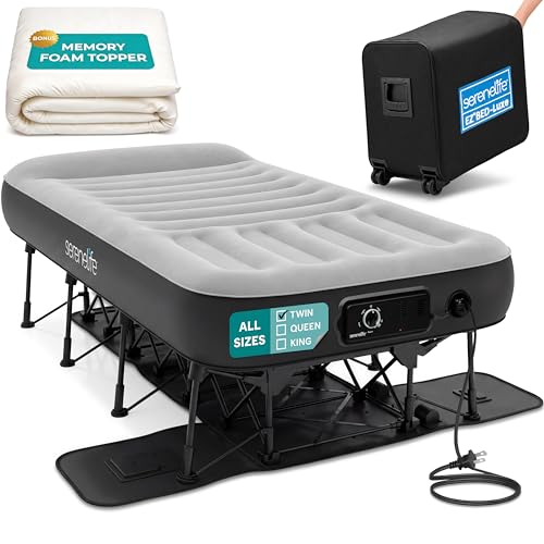 SereneLife LuxeEZ Bed Air Mattress with Frame and Rolling Case - Luxury Series with Bonus Memory Foam Cover, Constant Comfort Pressure Maintaining Pump, Built-in Headrest, Wall Plug AC (Twin)