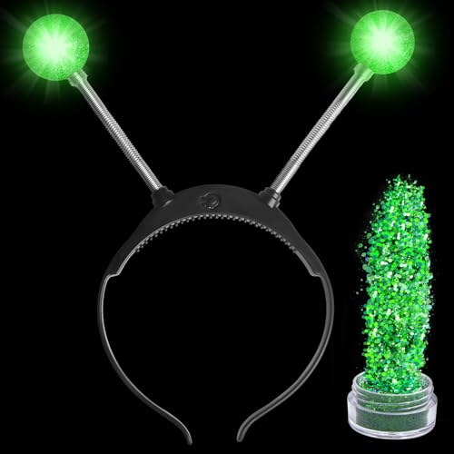 Light Up Alien Headband - Halloween Alien Headband Martian Headband Led Headband Martian Antenna Ball with Face Glitter (Green)
