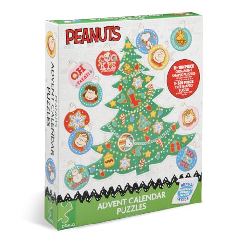 Ceaco - Peanuts 12 Days of Christmas Advent Calendar Puzzles – Eleven 100 Piece Mini Ornament Jigsaw Puzzles and One 300 Piece Christmas Tree Jigsaw Puzzle