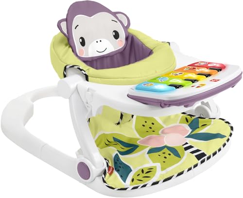 Fisher-Price Portable Baby Chair Kick & Play Deluxe Sit-Me-Up Seat with Piano Learning Toy & Tray for Infants to Toddlers, Purple Monkey