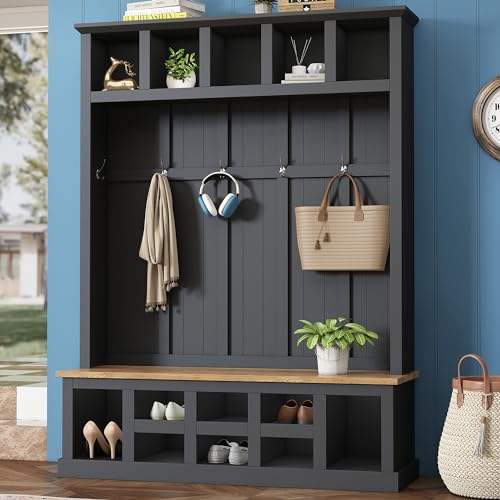 Merax Farmhouse Wood Hall Tree with Bench and Shoe Storage, 5-in-1 Coat Rack with 6 Hooks for Entrance, Hallway Black