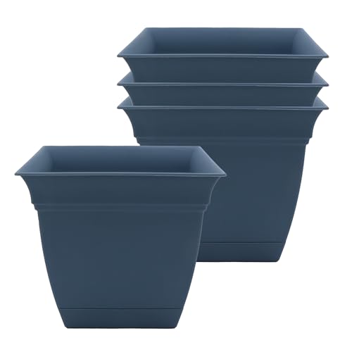 The HC Companies Eclipse Square Plastic Planter w/Attached Saucer - Outdoor & Indoor Plant Pot with Drainage Holes - Lightweight, UV-Resistant Plastic Pots for Plants (8" Slate Blue, Pack of 4)