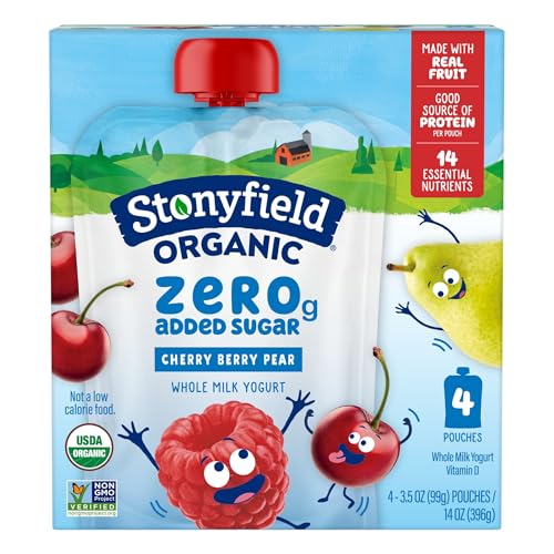 Stonyfield Organic Kids Zero Grams Added Sugar Cherry Berry Pear Whole Milk Yogurt, 3.5 oz Pouches, 4 ct Pack