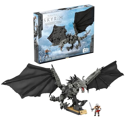 ​MEGA Skyrim Action Figures Building Toys, Alduin The World Eater with 619 Pieces, with 1 Dragonborn Figure, for Collectors