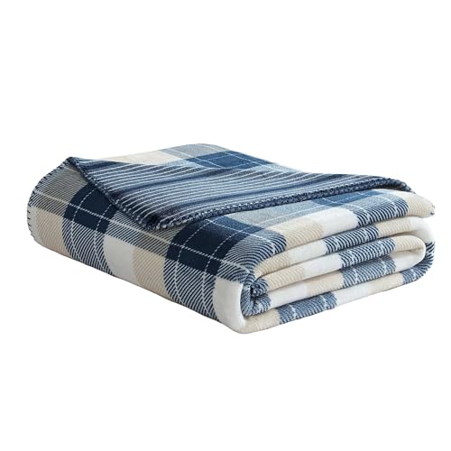 Nautica - Throw Blanket, Reversible Flannel Bedding with Bonded Knit Fleece, Super Soft Plaid Home Decor (Buff Plaid Navy, 50" x 70")