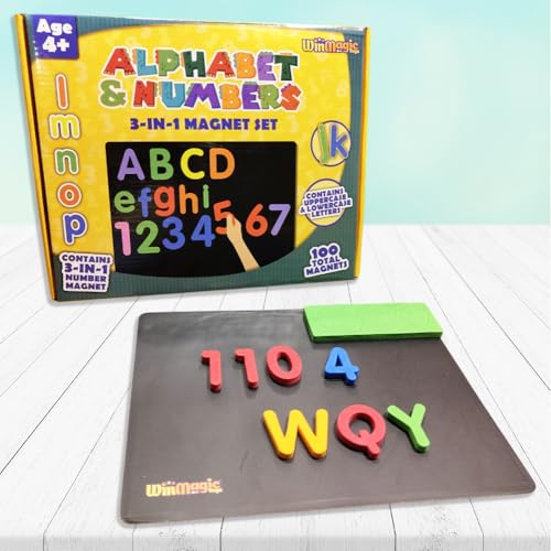 ToyMagic Magnetic Puzzles Alphabet & Numbers 82 Pcs – 52 Letters + 30 Number Magnets with Magnetic Board | Educational Learning Toys for Kids 3-6 Year