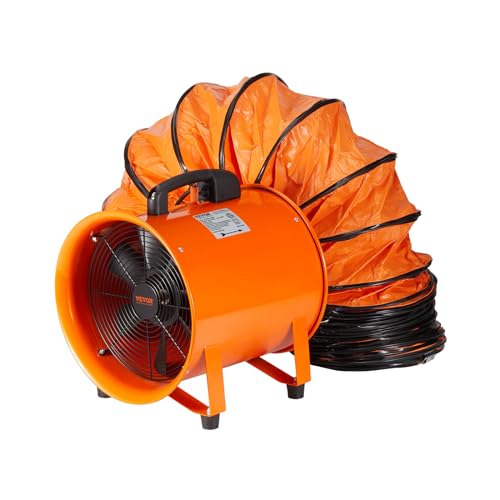 VEVOR Industrial Portable Air Blower Ventilator with Hose, 1070CFM 8 Inch Heavy Duty Tube Exhaust Fan with 16.4ft Flexible Duct, 195W High Velocity Air Mover for Extraction and Ventilation