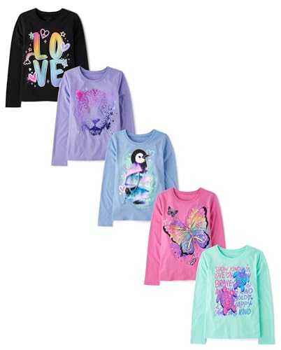 The Children's Place Girls Animal Long Sleeve Graphic T-Shirts,Multipacks Animals 5-Pack Large