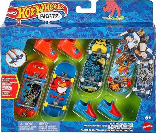 Hot Wheels Skate Tony Hawk Fingerboard & Removable Skate Shoes Multipack, 4 Fully Assembled Boards, 2 Pairs of Skate Shoes, 1 Exclusive Set (Styles May Vary)