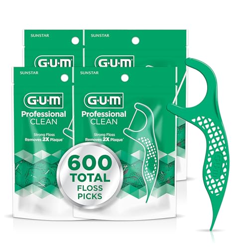 GUM Professional Clean Floss Picks - Extra Strong Shred-Resistant Floss, Easy Grip Handle - Dental Flossers for Adults - Fresh Mint Flavor, 150 Count (Pack of 4)