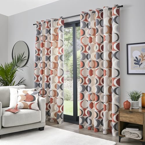 Fusion Retro Geometric Curtains – Spice Orange – W168 x L229cm – 2 Panels – 100% Cotton – Eyelet – Terracotta Circle Drapes for Bedroom & Living Room – Crescent Print Design