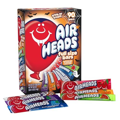 Airheads Full-Size Candy Bars, Taffy Candy Bulk Halloween Variety Pack, Individually Wrapped, Six Assorted Fruit Flavors Artificially Flavored, 90 Count Box