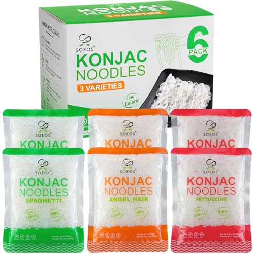 Soeos Konjac Noodles, Shirataki Noodle, Low Calorie, Low Carb, Keto and Paleo Friendly, 3 Variety Noodles, Fettuccine, Angel Hair, Spaghetti, 8.8 oz (250 g)*6