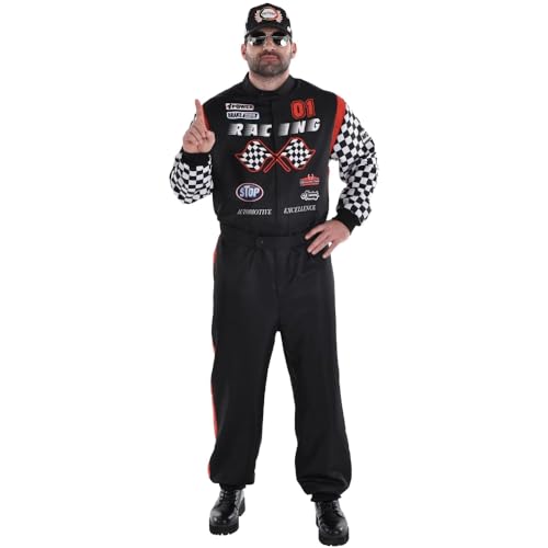 Men's Black, & White Racecar Driver Costume Set, Plus XXL Size (48-52) - Comfortable Fit, Ideal for Parties, Gatherings, & Social Events