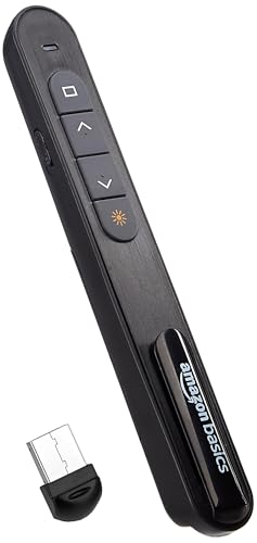 Amazon Basics Laser Pointer | Up to15 m Wireless Range | Wireless Presenter for Presentation, Slide Changer, USB Power Point Remote Control Pen | Blac