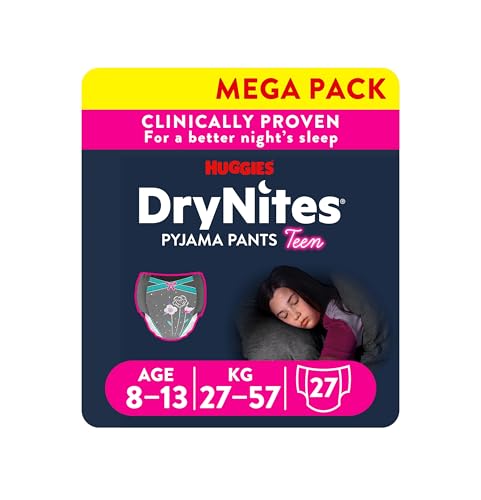 HUGGIES DryNites, Pyjama Pants, Girls 8-13 Years (30-48KG), 27x Bedwetting Pants, Up to 100% Leak Free Nights