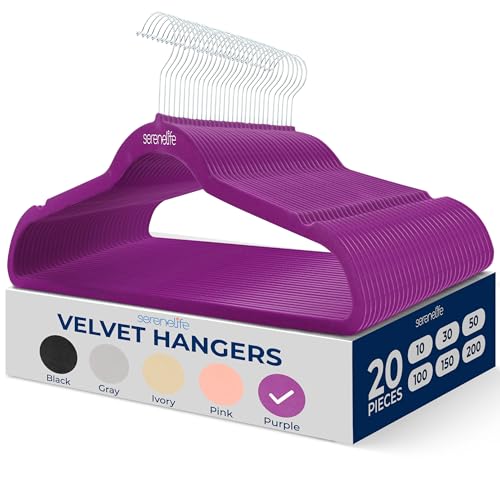 SereneLife Velvet Hangers 20 Pcs, Non Slip Heavy Duty Hanger Set with 360° Swivel Hook, Smooth Velvet Finish to Protect Fabric, Lightweight, Ultra Thin Design for Coats and Other Clothes (Purple)