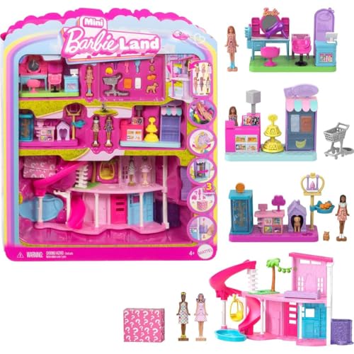 Barbie Mini Land DreamHouse & 3 Playsets with 4 1.5-Inch Dolls, Doll House Furniture & Accessories, Includes Pet Boutique, Hair Salon, & Supermarket