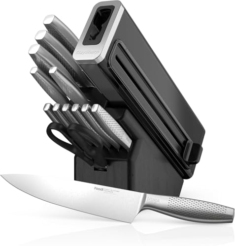 Ninja StaySharp 14-teiliges Edelstahl-Messerset mit Holzblock und integriertem Schärfer, Schwarz K62014EUUK, Holzkohle