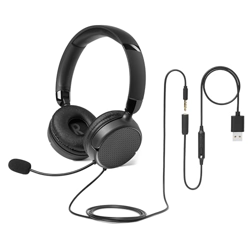 Amazon Basics On Ear Wired Computer Headset with Adjustable Microphone, 3.5mm Port or in Line Control with USB-A Port, Foldable, One Size, Black