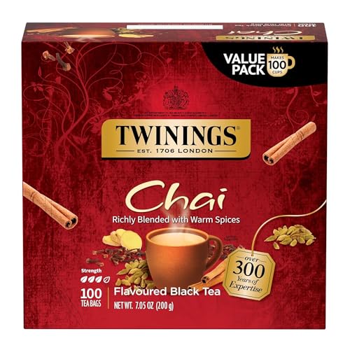 Twinings Chai Black Tea Individually Wrapped Bags, 100 Count (Pack of 1), Richly Blended with Warm Spices, Caffeinated, Enjoy Hot or Iced, 100 Teabags