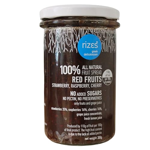 Rizes Greek Delicatessen 100% Natural Red Fruits Spread – Strawberry, Raspberry & Cherry – No Added Sugar, No Pectin, No Preservatives – Vegan & Handmade Greek Fruit Preserve 300g