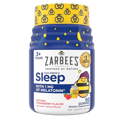 Zarbee's Kids Sleep Gummies with 1mg Melatonin, Kids Melatonin Gummy Works with Natural Sleep Cycles to Promote Peaceful Sleep, Drug-Free, Non-Habit-Forming, Natural Strawberry, 60 ct